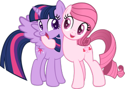 Size: 3617x2559 | Tagged: safe, artist:amelia-bases, artist:tanahgrogot, imported from derpibooru, twilight sparkle, oc, oc:annisa trihapsari, alicorn, earth pony, pony, alternate hairstyle, base used, duo, earth pony oc, female, happy, hug, mare, open mouth, open smile, simple background, smiling, transparent background