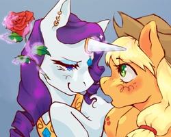 Size: 2048x1638 | Tagged: safe, artist:indigofera-tinctoria, imported from derpibooru, applejack, rarity, pony, unicorn, blue background, blushing, bust, cowboy hat, duo, ear piercing, female, flower, glowing, glowing horn, hat, horn, horn jewelry, jewelry, lesbian, looking at each other, looking at someone, magic, piercing, rarijack, rose, shipping, simple background, smiling, telekinesis