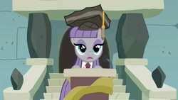 Size: 1513x851 | Tagged: safe, imported from derpibooru, screencap, maud pie, earth pony, pony, rock solid friendship, female, graduation, graduation cap, hat, mare, microphone, necktie, open mouth, podium, rocktorate, solo