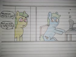 Size: 3120x4160 | Tagged: safe, artist:valuable ashes, imported from derpibooru, oc, oc only, oc:technical writings, oc:valuable ashes, earth pony, pony, unicorn, comic, computer, dialogue, laptop computer, sitting, smoke, traditional art