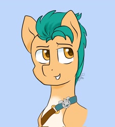 Size: 1849x2048 | Tagged: safe, artist:flutterbeshy18, imported from derpibooru, hitch trailblazer, earth pony, pony, blue background, bust, g5, male, sash, sheriff's badge, simple background, solo, stallion