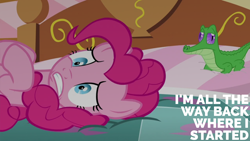 Size: 2000x1125 | Tagged: safe, edit, edited screencap, editor:quoterific, imported from derpibooru, screencap, gummy, pinkie pie, party pooped, bed, sugarcube corner