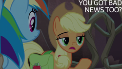 Size: 2000x1125 | Tagged: safe, edit, edited screencap, editor:quoterific, imported from derpibooru, screencap, applejack, rainbow dash, school raze, bag, saddle bag