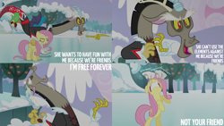 Size: 2000x1125 | Tagged: safe, edit, edited screencap, editor:quoterific, imported from derpibooru, screencap, discord, fluttershy, draconequus, pegasus, pony, keep calm and flutter on, apple, apple tree, bipedal, female, ice, ice skates, male, mare, skates, snow, tree