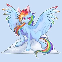 Size: 3000x3000 | Tagged: safe, artist:uni_pone, imported from derpibooru, rainbow dash, pegasus, pony, alternate design, belly, blue background, chest fluff, cloud, colored wings, concave belly, female, grin, heart, heart eyes, hoof fluff, multicolored wings, on a cloud, outline, raied hoof, rainbow wings, simple background, sitting, sitting on a cloud, slim, smiling, solo, spread wings, teeth, thin, unshorn fetlocks, white outline, wingding eyes, wings