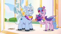 Size: 1920x1080 | Tagged: safe, imported from derpibooru, screencap, queen haven, pegasus, pony, unicorn, spoiler:g5, spoiler:my little pony: tell your tale, spoiler:tyts01e51, alphabittle blossomforth, alphahaven, bouquet, bouquet of flowers, bowtie, bush, clothes, cloud, crown, crystal, cute, dirt, duo, eyes closed, eyeshadow, female, flower, freckles, g5, grin, it finally happened, it's happening, jewelry, makeup, male, mare, mare family mare problems, my little pony: tell your tale, necklace, regalia, shipping, shipping fuel, sleep mask, smiling, sniffing, stallion, statue, straight, suit, unshorn fetlocks, zephyr heights