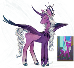 Size: 1423x1306 | Tagged: safe, artist:grimblwiff, imported from derpibooru, screencap, opaline arcana, alicorn, pony, spoiler:g5, spoiler:my little pony: make your mark, spoiler:my little pony: make your mark chapter 2, spoiler:myms01e03, crown, curved horn, g5, horn, implied misty brightdawn, jewelry, my little pony: make your mark, my little pony: make your mark chapter 2, offscreen character, portrait of a princess, redesign, regalia, simple background, solo, spread wings, white background, wings