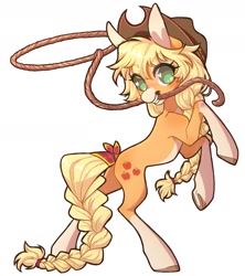 Size: 1600x1800 | Tagged: safe, artist:uni_pone, imported from derpibooru, applejack, earth pony, pony, blushing, braid, braided tail, coat markings, colored pinnae, cowboy hat, eyebrows, eyebrows visible through hair, female, hat, heart, heart eyes, lasso, looking at you, mare, mouth hold, no pupils, pale belly, rearing, rope, simple background, smiling, smiling at you, socks (coat markings), solo, tail, tail wrap, white background, wingding eyes