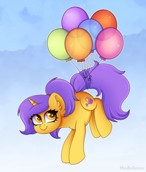 Size: 3500x4124 | Tagged: safe, artist:madelinne, imported from derpibooru, oc, oc only, oc:tulipan, unicorn, balloon, horn, purple hair, sky, solo, unicorn oc