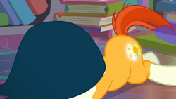 Size: 1920x1080 | Tagged: safe, imported from derpibooru, screencap, sunburst, pony, unicorn, season 8, the parent map, spoiler:s08, 1080p, book, booty call, cloak, clothes, coat markings, covered face, cutiespark, flank, glowing cutie mark, male, socks (coat markings), solo, stallion, sunburst's cloak