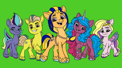 Size: 1280x718 | Tagged: safe, artist:sweetheart1012, color edit, edit, editor:sweetheart1012, imported from derpibooru, hitch trailblazer, izzy moonbow, pipp petals, sunny starscout, zipp storm, earth pony, pegasus, pony, unicorn, 1000 hours in ms paint, bag, bootleg, bracelet, colored, deviantart watermark, female, friendship bracelet, g5, green background, group, jewelry, male, mane five (g5), mare, obtrusive watermark, quintet, redesign, royal sisters (g5), saddle bag, sash, siblings, simple background, sisters, stallion, unshorn fetlocks, watermark