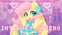 Size: 1920x1080 | Tagged: safe, artist:oofycolorful, imported from derpibooru, fluttershy, pegasus, pony, semi-anthro, clothes, cute, dress, female, fluttershy boho dress, hoof heart, looking at you, mare, open mouth, open smile, room, shyabetes, smiling, smiling at you, solo, underhoof, yamero