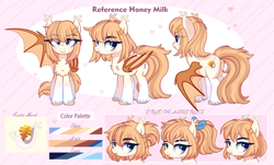 Size: 3684x2220 | Tagged: safe, artist:2pandita, imported from derpibooru, oc, oc only, oc:honey milk, bat pony, pony, bat pony oc, butt, butt fluff, chest fluff, cute, cute little fangs, ear tufts, fangs, female, mare, plot, quadrupedal, reference sheet, solo, unshorn fetlocks