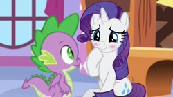 Size: 1920x1080 | Tagged: safe, artist:georgegarza01, imported from derpibooru, rarity, spike, dragon, pony, unicorn, 1080p, blushing, cute, duo, fan animation, female, looking at each other, looking at someone, male, mare, no excuse for the heart, raribetes, winged spike, wings