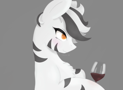 Size: 2500x1836 | Tagged: safe, artist:divori, imported from derpibooru, oc, oc only, oc:zeclipse, pony, zebra, alcohol, blushing, chest fluff, female, mare, single, smiling, wine