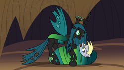 Size: 1920x1080 | Tagged: safe, artist:platinumdrop, imported from derpibooru, derpy hooves, queen chrysalis, changeling, pegasus, pony, abuse, bad end, cave, cocoon, commission, crying, derpybuse, imminent death, imminent vore, predator vs prey, restrained, scared, spread wings, underground, wings