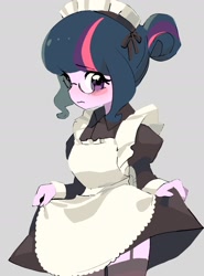 Size: 1680x2270 | Tagged: safe, artist:cheesesauce_45, imported from derpibooru, sci-twi, twilight sparkle, human, equestria girls, blush sticker, blushing, clothes, curtsey, cute, embarrassed, female, garter belt, garter straps, gray background, maid, maidlight sparkle, simple background, solo, stockings, thigh highs, twiabetes