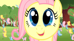 Size: 1366x768 | Tagged: safe, artist:beavernator, edit, edited screencap, imported from derpibooru, screencap, fluttershy, butterfly, pegasus, pony, season 1, the cutie mark chronicles, close-up, color error, cute, female, filly, filly fluttershy, happy, open mouth, shyabetes, smiling, so many wonders, solo, wrong eye color, younger