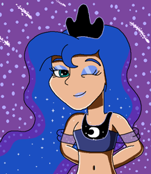 Size: 512x590 | Tagged: safe, artist:ocean lover, imported from derpibooru, princess luna, human, bare midriff, bare shoulders, beautiful, beautiful eyes, beautisexy, belly, belly button, blue eyeshadow, blue hair, blue lipstick, clothes, crown, curvy, cute, dark, elegant, ethereal hair, eyeshadow, hourglass figure, human coloration, humanized, jewelry, lidded eyes, lips, lipstick, looking at you, lunabetes, makeup, midriff, moderate dark skin, ms paint, night, one eye closed, one eye open, pretty, princess of the night, regalia, shooting star, skinny, sleeveless, smiling, smiling at you, solo, sparkly, starry hair, starry night, stars, stupid sexy princess luna, teal eyes, wavy hair, wink, winking at you