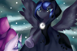 Size: 6000x4000 | Tagged: safe, artist:sumisunny124, imported from derpibooru, princess luna, snowfall frost, spirit of hearth's warming yet to come, starlight glimmer, alicorn, pony, unicorn, a hearth's warming tail, absurd resolution, cloak, clothes, cloud, duo, duo female, eyebrows, female, frown, glowing, hoof shoes, looking at each other, looking at someone, mare, signature, sky, snow, solo focus, spread wings, wings