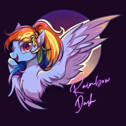 Size: 2048x2048 | Tagged: safe, artist:tkotu1, imported from derpibooru, rainbow dash, pegasus, pony, alternate hairstyle, black background, bust, chest fluff, female, looking at you, mare, name, one wing out, open mouth, open smile, palindrome get, passepartout, ponytail, simple background, smiling, smiling at you, solo, wings