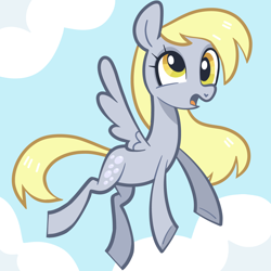 Size: 5000x5000 | Tagged: safe, artist:pilesofmiles, imported from derpibooru, derpy hooves, pegasus, pony, background pony, blue background, cloud, cloudy, derp, flying, food, muffin, simple background, solo