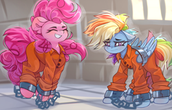 Size: 4096x2612 | Tagged: safe, artist:jfrxd, imported from derpibooru, pinkie pie, rainbow dash, earth pony, pegasus, pony, clothes, commission, duo, never doubt rainbowdash69's involvement, prison outfit, prisoner rd, shackles, varying degrees of want
