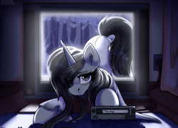 Size: 2350x1700 | Tagged: safe, artist:shadowreindeer, imported from derpibooru, oc, oc only, pony, unicorn, commission, female, horror, looking at you, mare, movie, ponified, sadako, solo, television, the ring, vhs