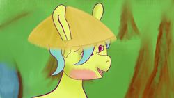 Size: 1920x1080 | Tagged: safe, artist:kujivunia, imported from derpibooru, oc, oc only, earth pony, burned, grass, hat, jungle, long ears, male, smiling, solo, stallion, straw hat, tree, vietnam flashback, water