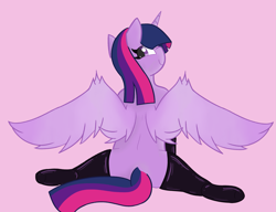 Size: 2433x1867 | Tagged: safe, artist:gean, imported from derpibooru, twilight sparkle, alicorn, clothes, colored, flat colors, latex, latex socks, looking back, socks, solo, twilight sparkle (alicorn), wings