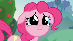 Size: 1920x1080 | Tagged: safe, imported from derpibooru, screencap, pinkie pie, earth pony, pony, season 5, the mane attraction, 1080p, apple, apple tree, big eyes, cute, diapinkes, female, floppy ears, frown, mare, sad, sadorable, solo, tree