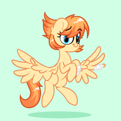 Size: 2250x2250 | Tagged: safe, artist:fakkajohan, imported from derpibooru, oc, oc only, oc:flarewind, pegasus, pony, bandage, bandaged leg, bandaged wing, eyebrows, female, flying, green background, looking at you, raised eyebrow, simple background, solo, spread wings, wings