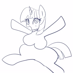Size: 2500x2500 | Tagged: safe, artist:maren, imported from derpibooru, twilight sparkle, pony, semi-anthro, unicorn, 2018, arm hooves, breasts, doodle, female, monochrome, old art, open mouth, sitting, smiling, solo