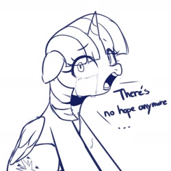 Size: 2400x2400 | Tagged: safe, artist:maren, imported from derpibooru, twilight sparkle, alicorn, pony, 2019, crying, desperation, dialogue, doodle, female, floppy ears, mare, monochrome, old art, open mouth, sitting, solo, teary eyes, twilight sparkle (alicorn)