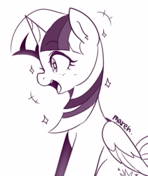 Size: 3214x3800 | Tagged: safe, artist:maren, imported from derpibooru, twilight sparkle, alicorn, pony, 2020, emanata, female, high res, manga, mare, monochrome, old art, open mouth, open smile, profile, sitting, smiling, solo, twilight sparkle (alicorn)