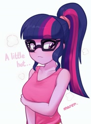 Size: 1421x1934 | Tagged: safe, artist:maren, imported from derpibooru, sci-twi, twilight sparkle, equestria girls, equestria girls series, 2021, adorasexy, adorkable, adorkasexy, alternate hairstyle, arm under breasts, blushing, breasts, busty sci-twi, busty twilight sparkle, cleavage, clothes, cute, dialogue, doodle, dork, glasses, looking sideways, meganekko, old art, sci-twiabetes, sexy, simple background, solo, sweat, tanktop, twiabetes, white background