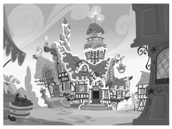 Size: 1080x814 | Tagged: safe, artist:andymation, artist:davedunnet, imported from derpibooru, black and white, concept art, grayscale, monochrome, no pony, scenery, sugarcube corner