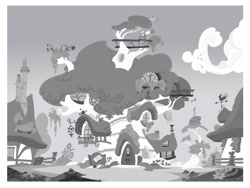 Size: 1116x838 | Tagged: safe, artist:andymation, artist:davedunnet, imported from derpibooru, black and white, concept art, golden oaks library, grayscale, monochrome, no pony, ponyville, scenery