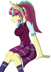 Size: 2128x2994 | Tagged: safe, artist:melodytheartpony, imported from derpibooru, sour sweet, anthro, equestria girls, bow, clothes, commission, eyelashes, female, hair accessory, looking at you, plaid, ponytail, shirt, signature, simple background, sitting, skirt, socks, solo, uniform, white background