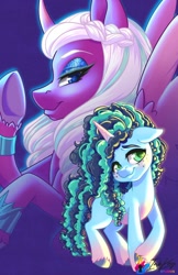 Size: 792x1224 | Tagged: safe, artist:inkkeystudios, imported from derpibooru, opaline arcana, alicorn, pony, unicorn, spoiler:g5, blue background, blushing, coat markings, cornrows, curved horn, duo, duo female, eyebrows, eyeshadow, female, floppy ears, freckles, g5, horn, looking at you, makeup, mare, misty brightdawn, ringlets, signature, simple background, smiling, smiling at you, socks (coat markings), spread wings, underhoof, unshorn fetlocks, wings