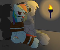 Size: 8192x6801 | Tagged: safe, artist:cardshark777, imported from derpibooru, derpy hooves, rainbow dash, pegasus, pony, arm behind back, ballgag, bondage, bound and gagged, bound wings, captive, dashsub, duct tape, dungeon, duo, duo female, female, femsub, gag, glare, helpless, hooves behind back, looking at you, mare, prisoner, rainbond dash, rainbow dash is not amused, rainbow dash's cutie mark, rope, rope bondage, shadow, signature, sitting, submissive, tape, tape bondage, tape gag, tied up, torch, unamused, wings