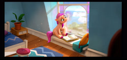 Size: 2532x1197 | Tagged: safe, artist:francesco denicolò, imported from derpibooru, sunny starscout, earth pony, pony, spoiler:my little pony: a new generation, bedroom, book, concept art, female, g5, my little pony: a new generation, reflection, solo, window