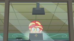 Size: 1920x1080 | Tagged: safe, imported from derpibooru, screencap, sunset shimmer, human, equestria girls, friendship games, the science of magic, computer, female, laptop computer, oh crap face, shrunken pupils, solo, sunset the science gal