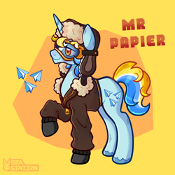 Size: 3000x3000 | Tagged: safe, artist:seasemissary, imported from derpibooru, oc, oc:mr. papier, unicorn, bomber jacket, clothes, goggles, jacket, male, offspring, parent:fancypants, parent:lightning dust, quadrupedal, raised hoof, solo, stallion