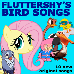 Size: 720x720 | Tagged: safe, artist:ianpony98, artist:incredibubbleirishguy, editor:incredibubbleirishguy, imported from derpibooru, fluttershy, oc, oc:sunny, bird, bluebird, flamingo, human, ostrich, pelican, album, album cover, album parody, blue background, captain flamingo, cd, crossover, cyan background, finding nemo, fluttershy day, fluttershy's bird songs, kessie, parody, simple background, soundtrack, winnie the pooh