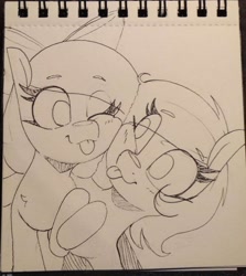 Size: 604x676 | Tagged: safe, artist:lockheart, imported from derpibooru, oc, oc only, oc:cherry sweetheart, oc:stella cherry, earth pony, pony, bow, cheek squish, cute, duo, explicit source, eye clipping through hair, female, grayscale, hair bow, holding hooves, mare, monochrome, one eye closed, pencil drawing, squishy cheeks, tongue out, traditional art