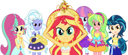 Size: 1280x547 | Tagged: safe, artist:sarahalen, imported from derpibooru, indigo zap, lemon zest, sour sweet, sugarcoat, sunny flare, sunset shimmer, human, equestria girls, equestria girls (movie), alternate hairstyle, alternate universe, bare shoulders, fall formal outfits, simple background, sleeveless, strapless, white background