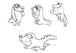 Size: 1000x703 | Tagged: safe, artist:robin mitchell, imported from derpibooru, gummy, alligator, concept art, monochrome, official, production art, simple background, white background