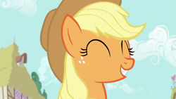 Size: 1280x720 | Tagged: safe, imported from derpibooru, screencap, applejack, earth pony, pony, applejack's "day" off, ^^, applejack is best facemaker, cute, eyes closed, jackabetes, smiling, solo