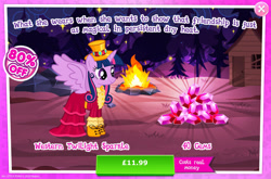 Size: 1958x1296 | Tagged: safe, imported from derpibooru, twilight sparkle, alicorn, pony, advertisement, clothes, costs real money, dress, english, female, gameloft, gem, hat, horn, mare, mobile game, my little pony: magic princess, numbers, official, sale, solo, spread wings, text, twilight sparkle (alicorn), wings
